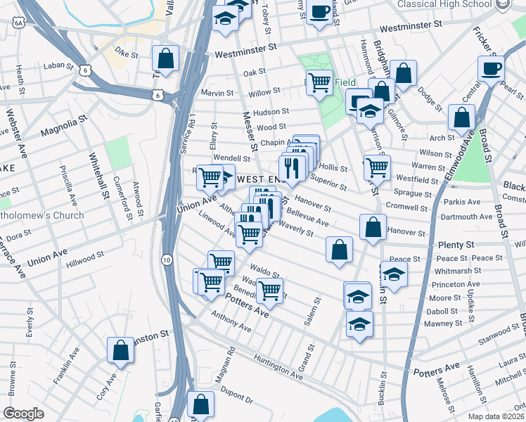 map of restaurants, bars, coffee shops, grocery stores, and more near 576 Cranston Street in Providence