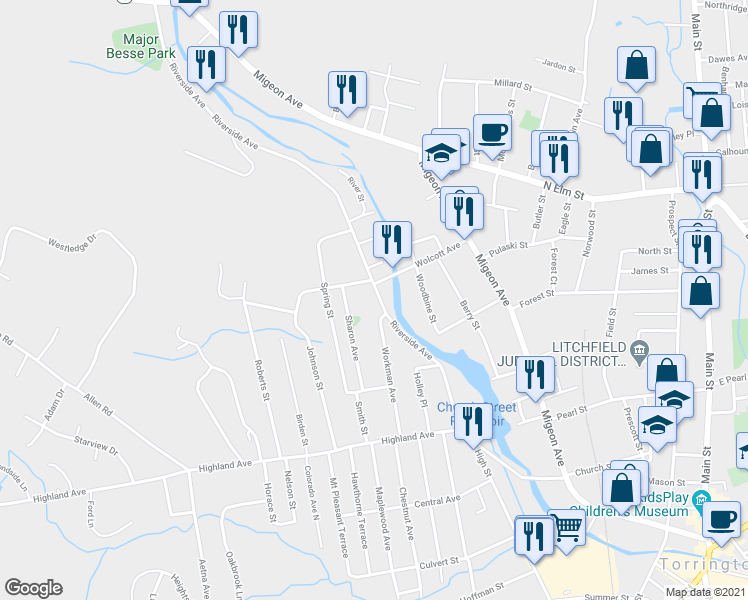map of restaurants, bars, coffee shops, grocery stores, and more near 251 Riverside Avenue in Torrington