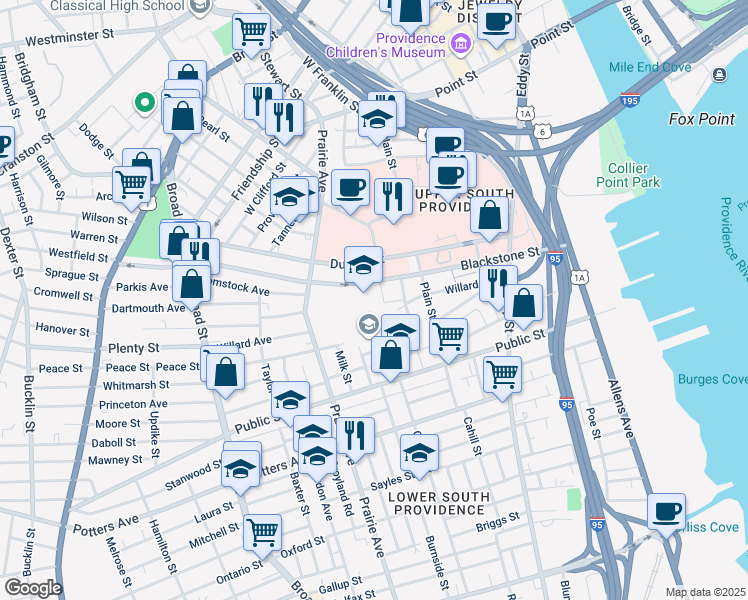 map of restaurants, bars, coffee shops, grocery stores, and more near 220 Blackstone Street in Providence