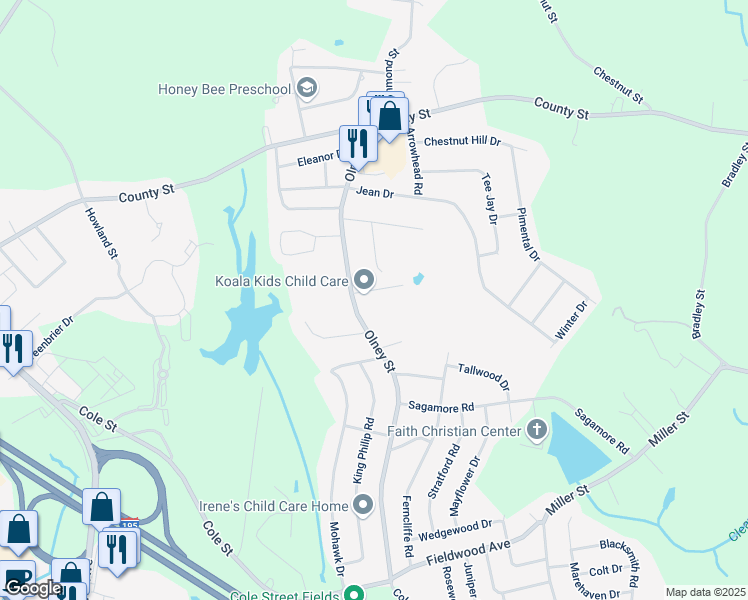 map of restaurants, bars, coffee shops, grocery stores, and more near 50 Agawam Court in Seekonk