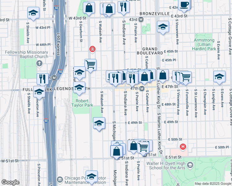 map of restaurants, bars, coffee shops, grocery stores, and more near 4655 South Michigan Avenue in Chicago