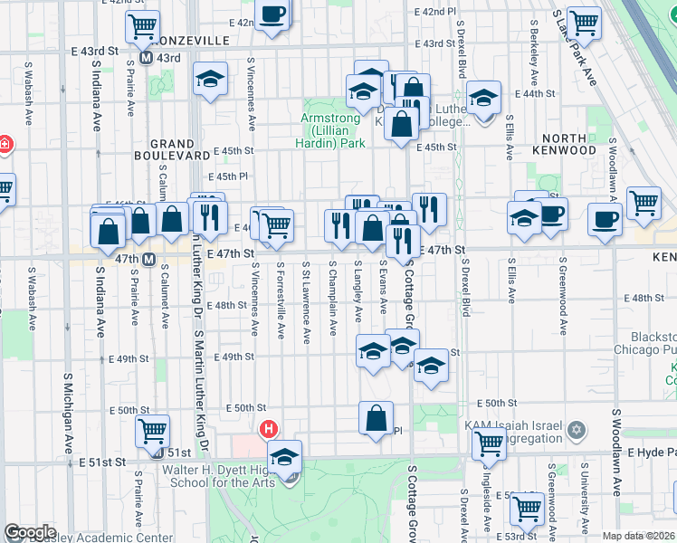 map of restaurants, bars, coffee shops, grocery stores, and more near 4723 South Champlain Avenue in Chicago