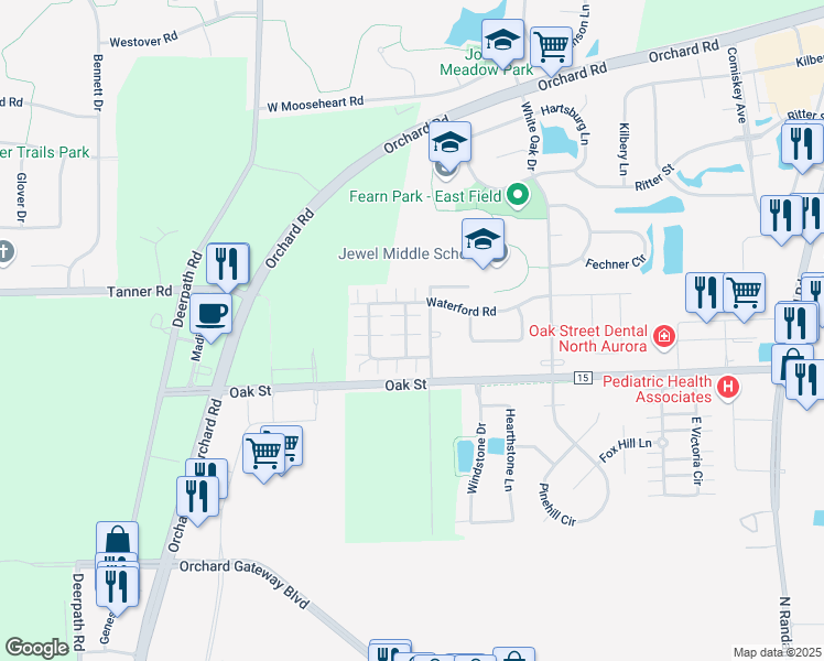map of restaurants, bars, coffee shops, grocery stores, and more near 268 Kathryn Lane in North Aurora
