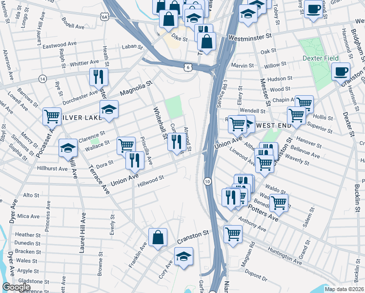 map of restaurants, bars, coffee shops, grocery stores, and more near 19 Dora Street in Providence