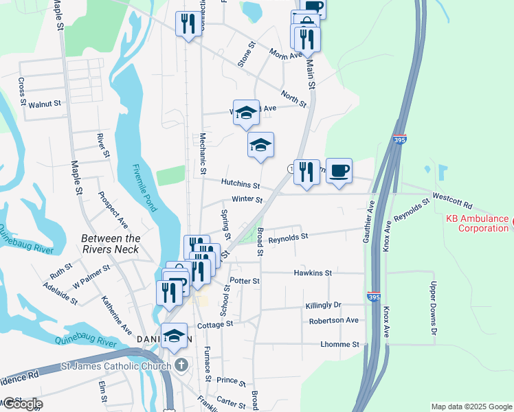 map of restaurants, bars, coffee shops, grocery stores, and more near 23 Hutchins Street in Killingly