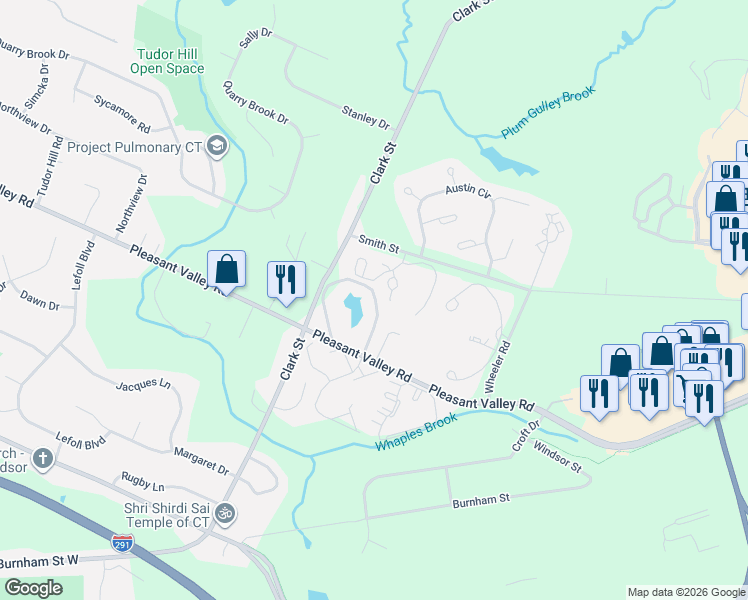 map of restaurants, bars, coffee shops, grocery stores, and more near 900 Misty Meadow Lane in South Windsor