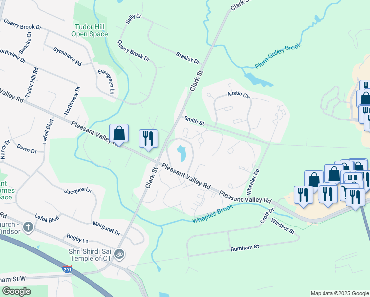 map of restaurants, bars, coffee shops, grocery stores, and more near 900 Misty Meadow Lane in South Windsor