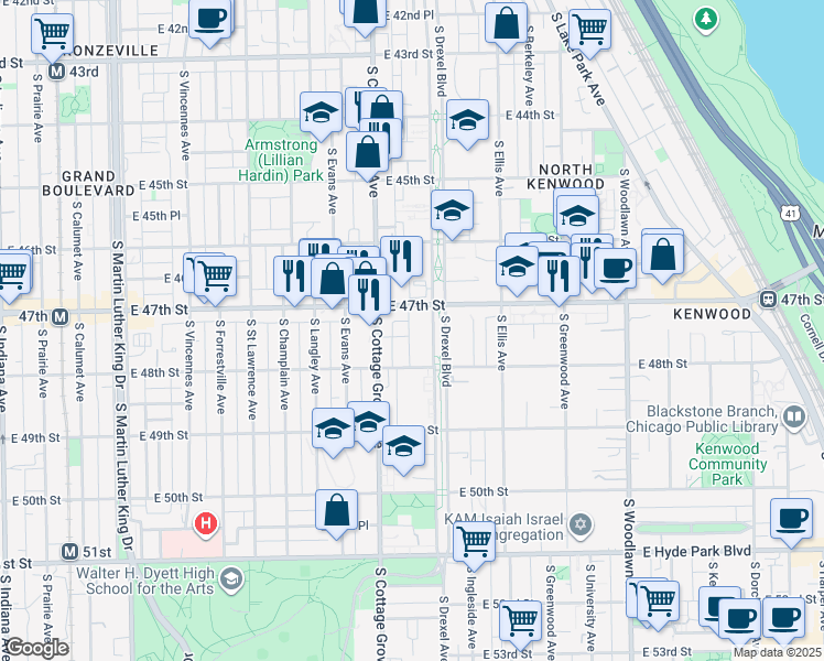 map of restaurants, bars, coffee shops, grocery stores, and more near 4720 South Drexel Boulevard in Chicago