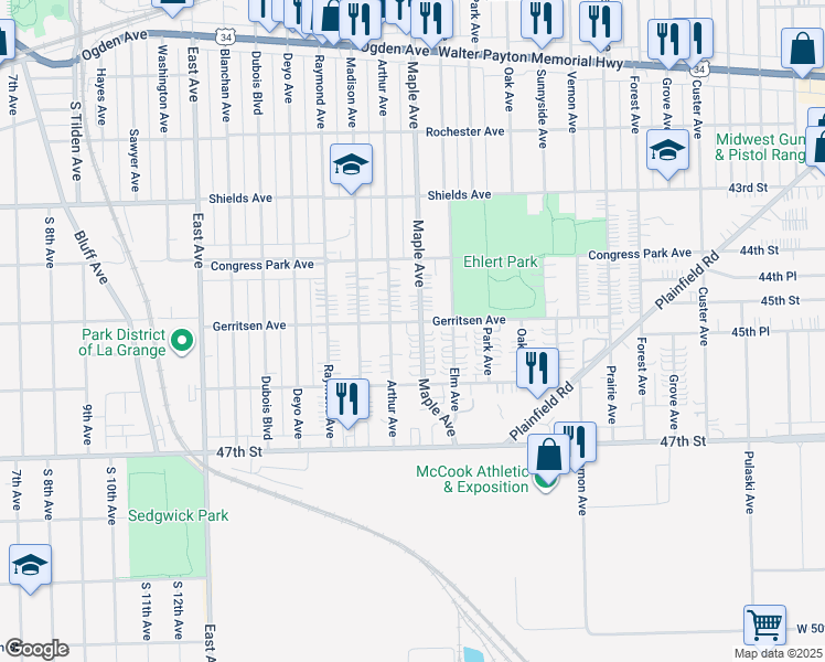 map of restaurants, bars, coffee shops, grocery stores, and more near 4437 Arthur Avenue in Brookfield