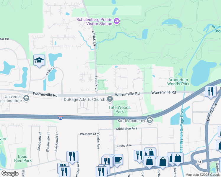 map of restaurants, bars, coffee shops, grocery stores, and more near 4247 Fiona Lane in Lisle
