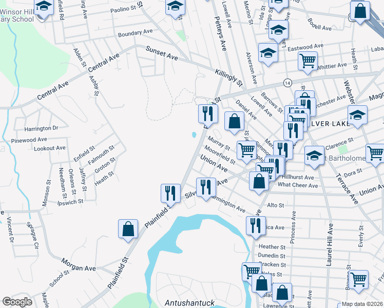 map of restaurants, bars, coffee shops, grocery stores, and more near 825 Plainfield Street in Providence