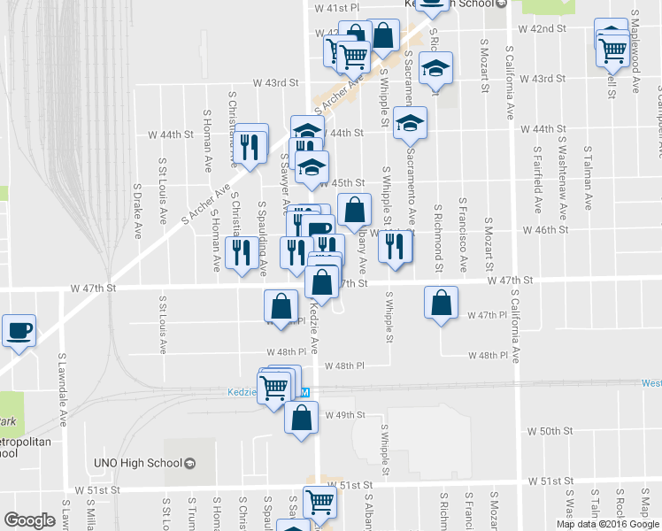 map of restaurants, bars, coffee shops, grocery stores, and more near 4638 S Troy St in Chicago