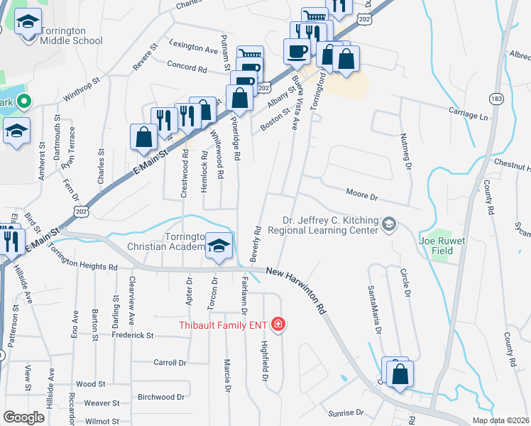 map of restaurants, bars, coffee shops, grocery stores, and more near 156 Beverly Road in Torrington