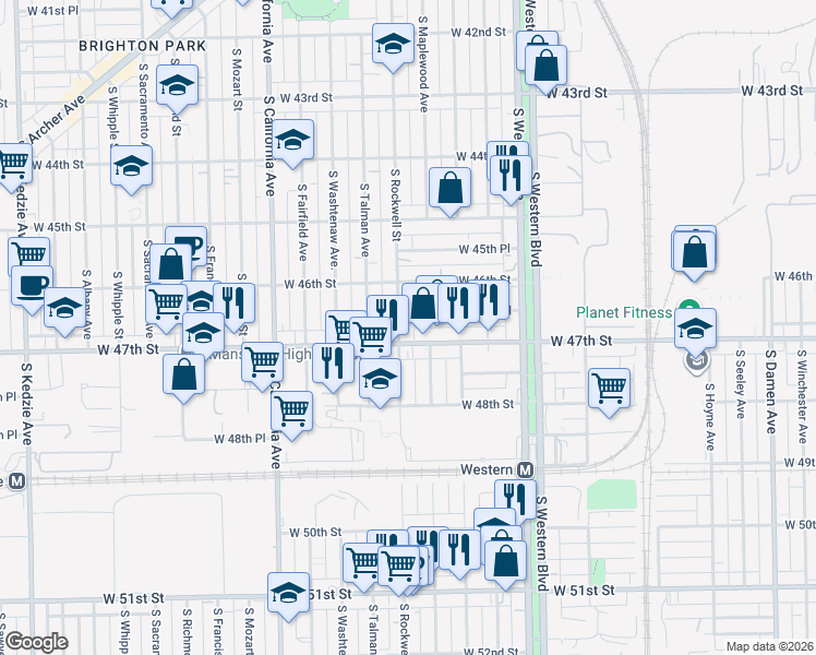 map of restaurants, bars, coffee shops, grocery stores, and more near 2536 West 46th Place in Chicago