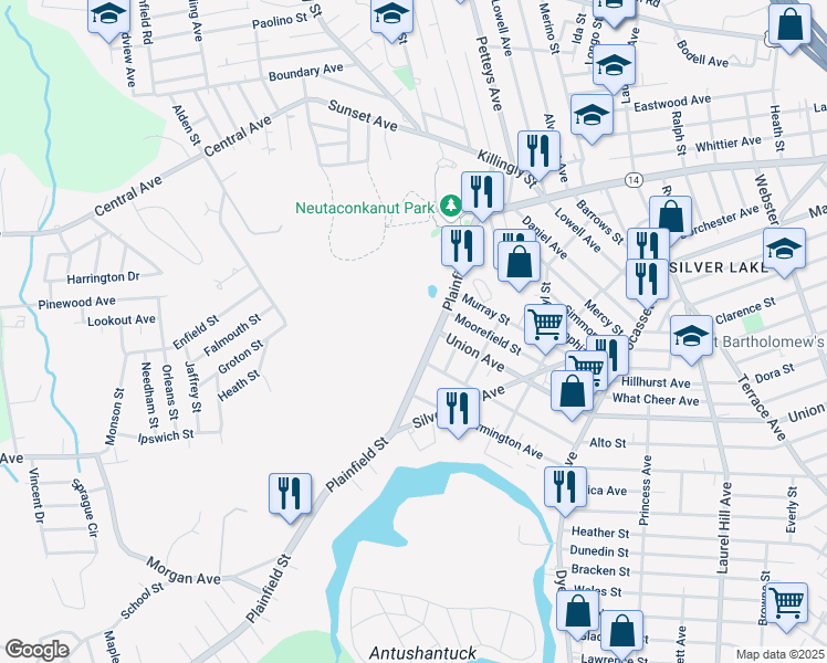 map of restaurants, bars, coffee shops, grocery stores, and more near 821 Plainfield Street in Providence