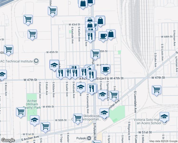map of restaurants, bars, coffee shops, grocery stores, and more near 4603 South Komensky Avenue in Chicago