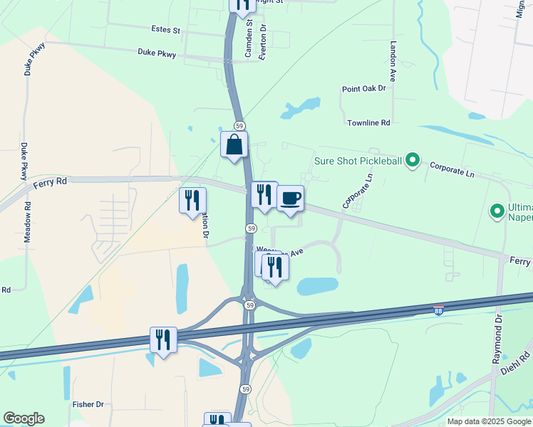 map of restaurants, bars, coffee shops, grocery stores, and more near 2123 City Gate Lane in Naperville