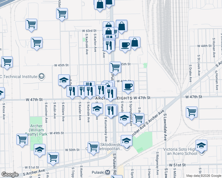 map of restaurants, bars, coffee shops, grocery stores, and more near 4603 South Komensky Avenue in Chicago