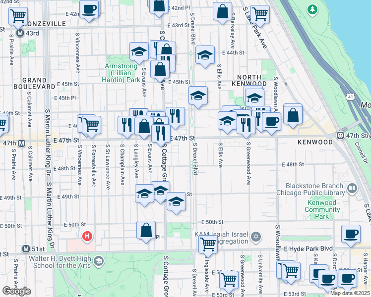 map of restaurants, bars, coffee shops, grocery stores, and more near 4720 South Drexel Boulevard in Chicago