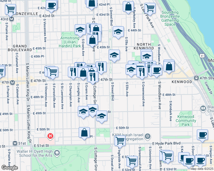 map of restaurants, bars, coffee shops, grocery stores, and more near 4702 South Drexel Boulevard in Chicago
