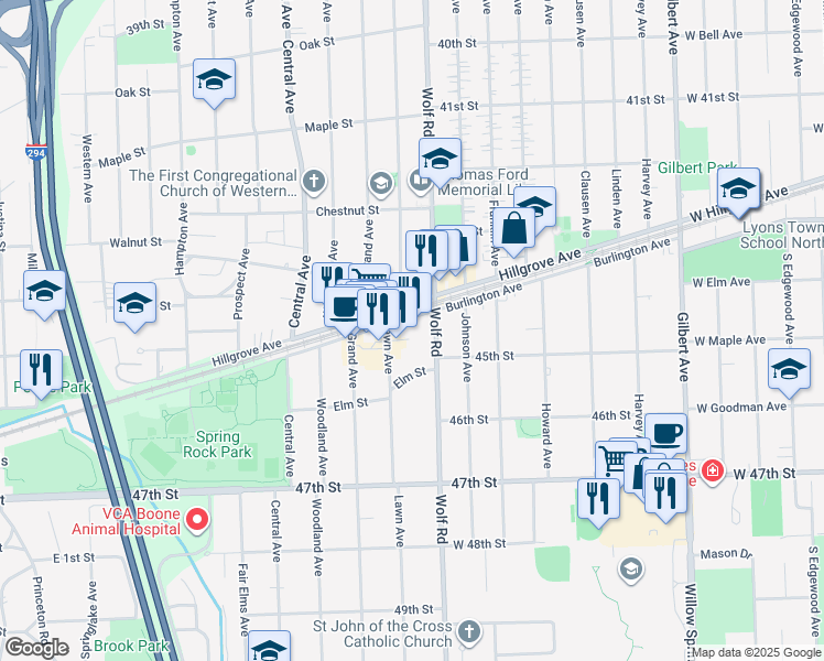 map of restaurants, bars, coffee shops, grocery stores, and more near in Western Springs