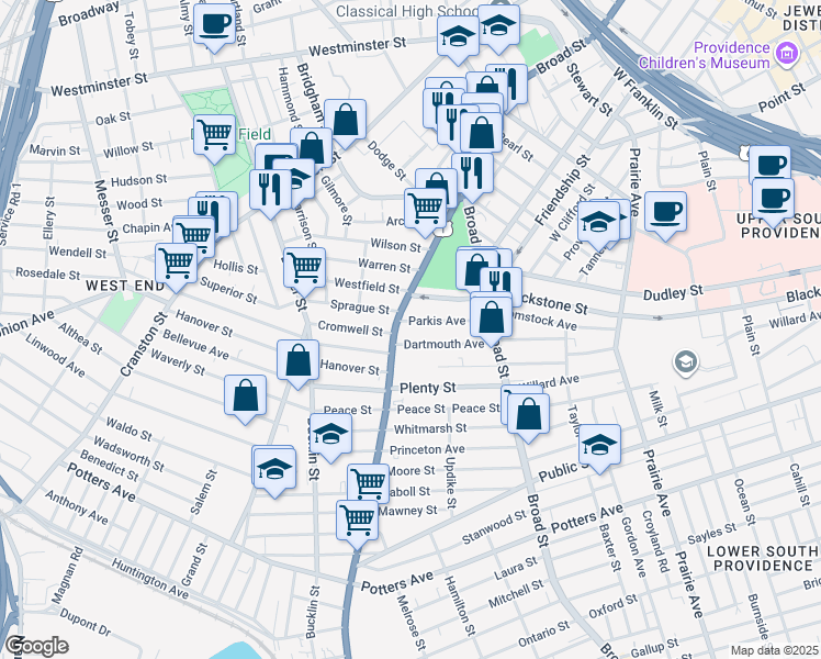 map of restaurants, bars, coffee shops, grocery stores, and more near 124 Elmwood Avenue in Providence