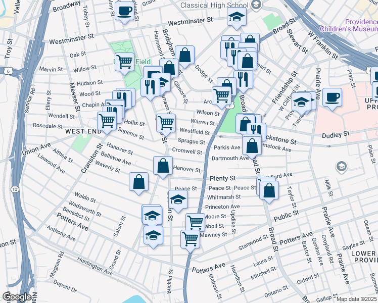 map of restaurants, bars, coffee shops, grocery stores, and more near 32 Sprague Street in Providence
