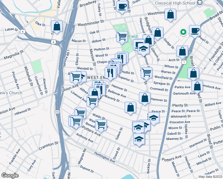 map of restaurants, bars, coffee shops, grocery stores, and more near 217 Hanover Street in Providence
