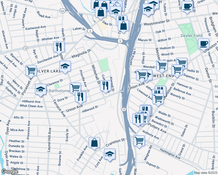 map of restaurants, bars, coffee shops, grocery stores, and more near 19 Dora Street in Providence