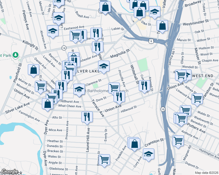 map of restaurants, bars, coffee shops, grocery stores, and more near 163 Wallace Street in Providence