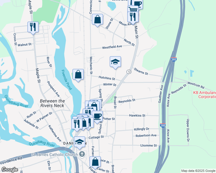 map of restaurants, bars, coffee shops, grocery stores, and more near 44 Winter Street in Killingly