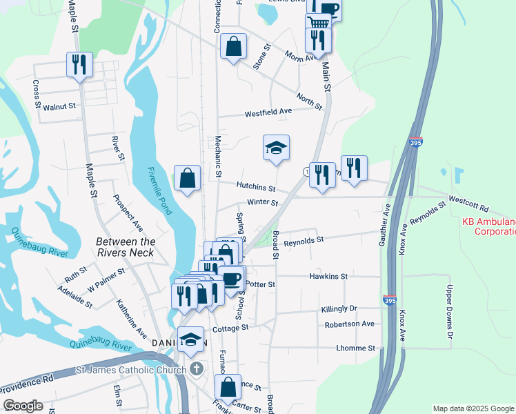 map of restaurants, bars, coffee shops, grocery stores, and more near 44 Winter Street in Killingly