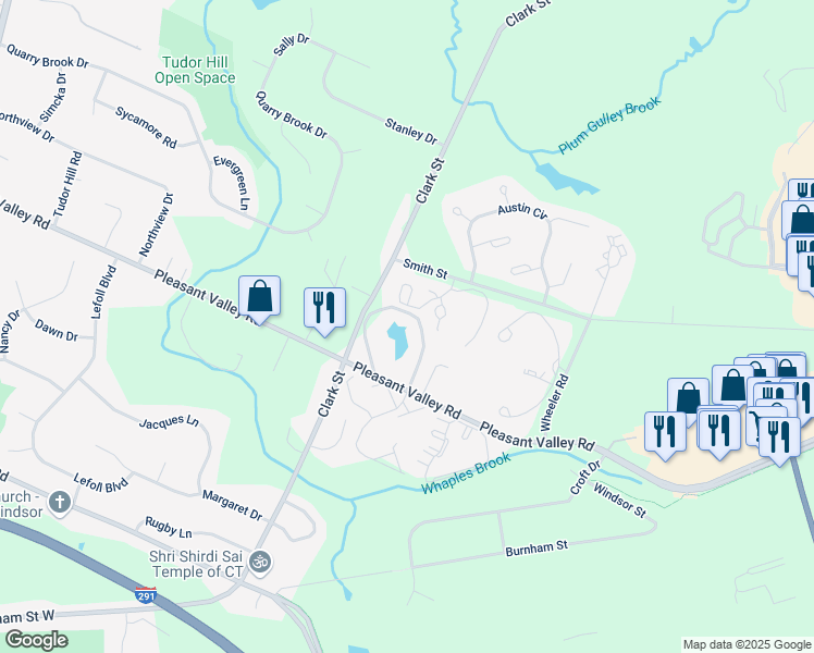 map of restaurants, bars, coffee shops, grocery stores, and more near 900 Misty Meadow Lane in South Windsor