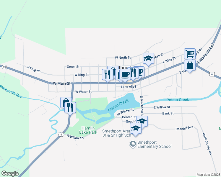 map of restaurants, bars, coffee shops, grocery stores, and more near 401 Grand Army of the Republic Hwy in Smethport