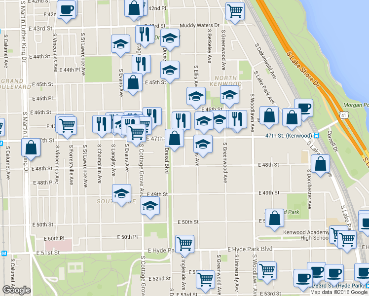 map of restaurants, bars, coffee shops, grocery stores, and more near 920 East 47th Street in Chicago