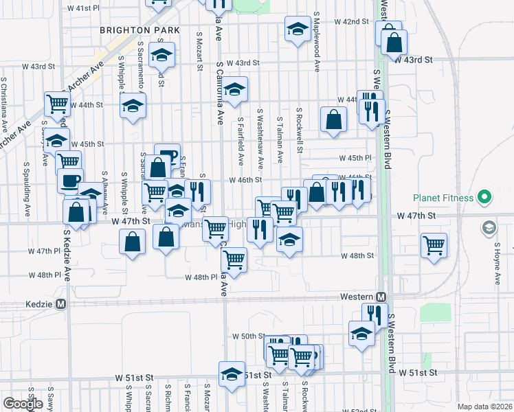 map of restaurants, bars, coffee shops, grocery stores, and more near 4619 South Washtenaw Avenue in Chicago