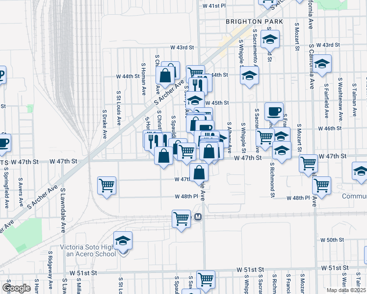 map of restaurants, bars, coffee shops, grocery stores, and more near 4613 South Sawyer Avenue in Chicago