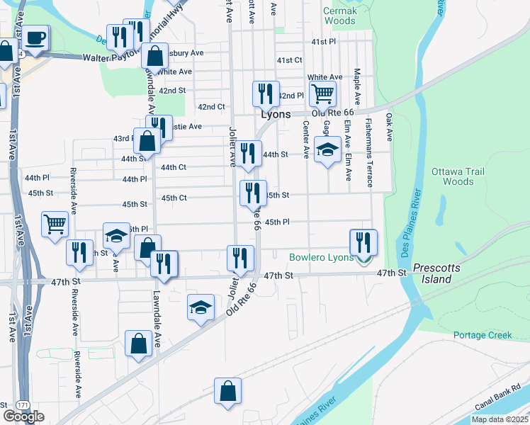 map of restaurants, bars, coffee shops, grocery stores, and more near 4501 Prescott Avenue in Lyons