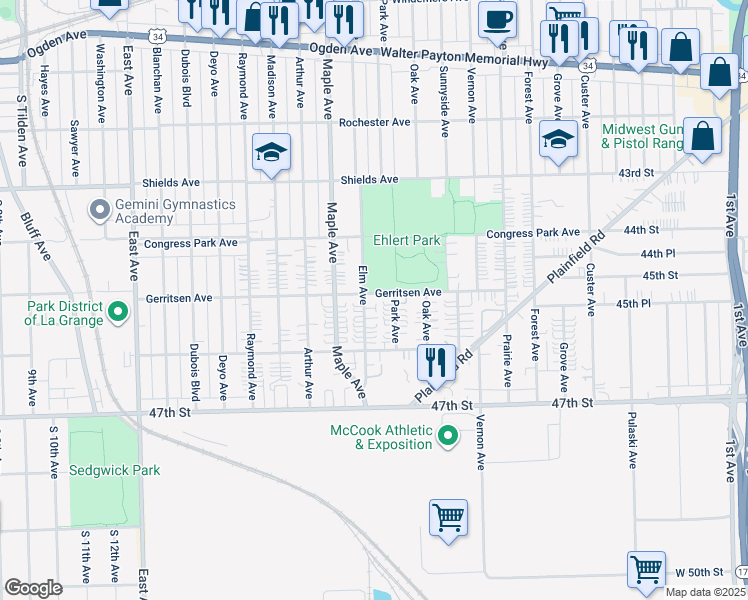 map of restaurants, bars, coffee shops, grocery stores, and more near 4432 Park Avenue in Brookfield