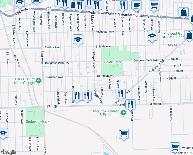 map of restaurants, bars, coffee shops, grocery stores, and more near 4441 Maple Avenue in Brookfield