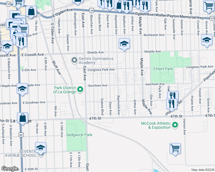 map of restaurants, bars, coffee shops, grocery stores, and more near 4430 Deyo Avenue in Brookfield