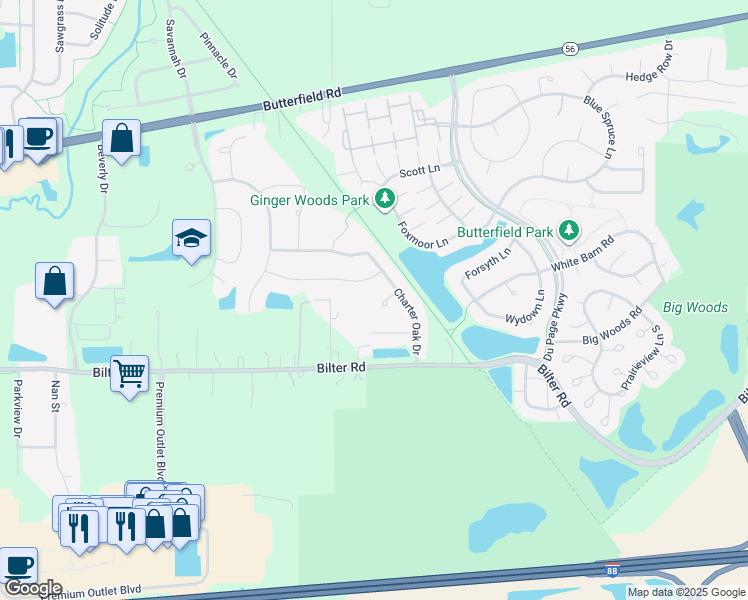 map of restaurants, bars, coffee shops, grocery stores, and more near 2257 Red Maple Lane in Aurora