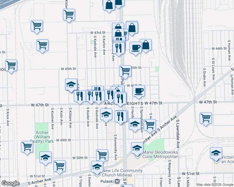 map of restaurants, bars, coffee shops, grocery stores, and more near 4601 South Komensky Avenue in Chicago