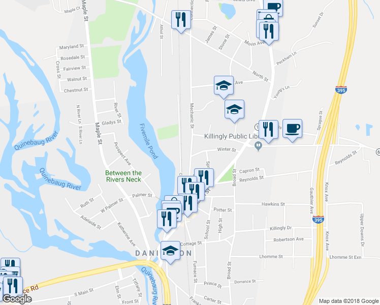 map of restaurants, bars, coffee shops, grocery stores, and more near 85 Mechanic Street in Killingly