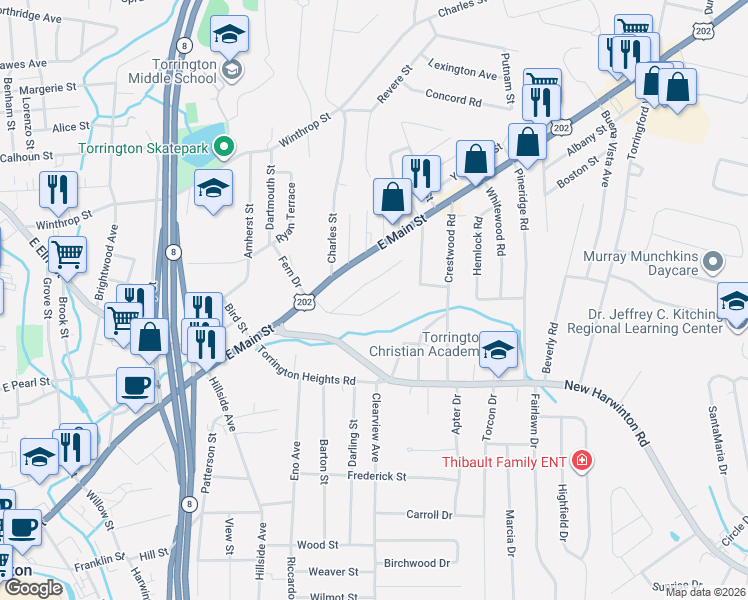 map of restaurants, bars, coffee shops, grocery stores, and more near 113 Irving Avenue in Torrington