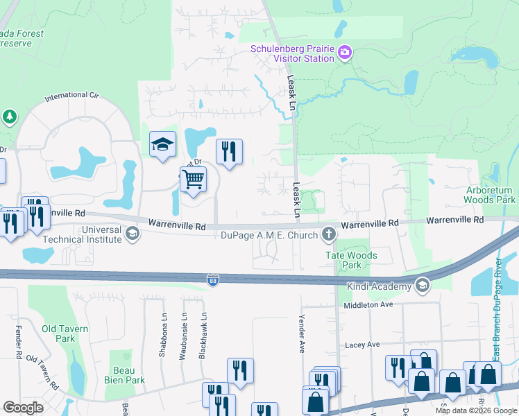 map of restaurants, bars, coffee shops, grocery stores, and more near 2164 Canterbury Lane in Lisle
