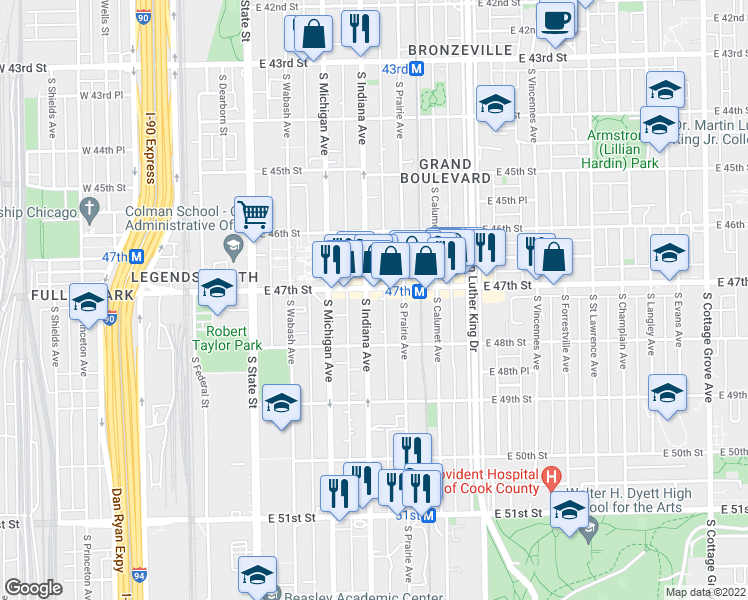 map of restaurants, bars, coffee shops, grocery stores, and more near 4711 South Indiana Avenue in Chicago