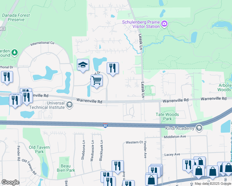 map of restaurants, bars, coffee shops, grocery stores, and more near 2200 Cabot Drive in Lisle