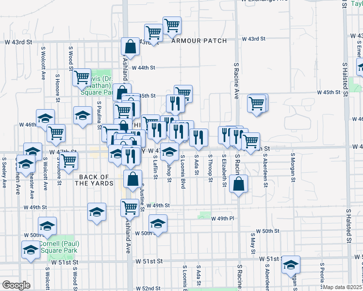map of restaurants, bars, coffee shops, grocery stores, and more near 1400 West 47th Street in Chicago