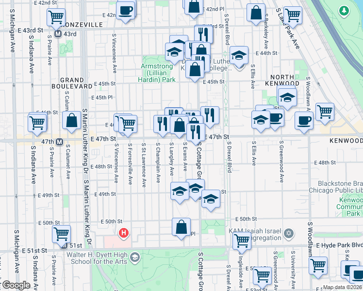 map of restaurants, bars, coffee shops, grocery stores, and more near 4714 South Evans Avenue in Chicago